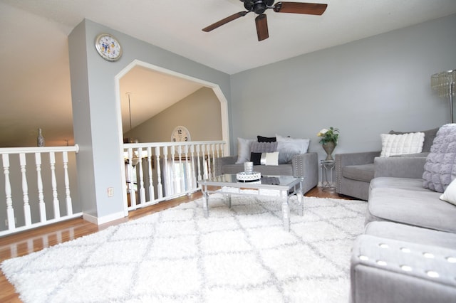 5634 142nd St W, Apple Valley, MN 55124 - living room featuring a ceiling fan, wood finished floors, and lofted ceiling