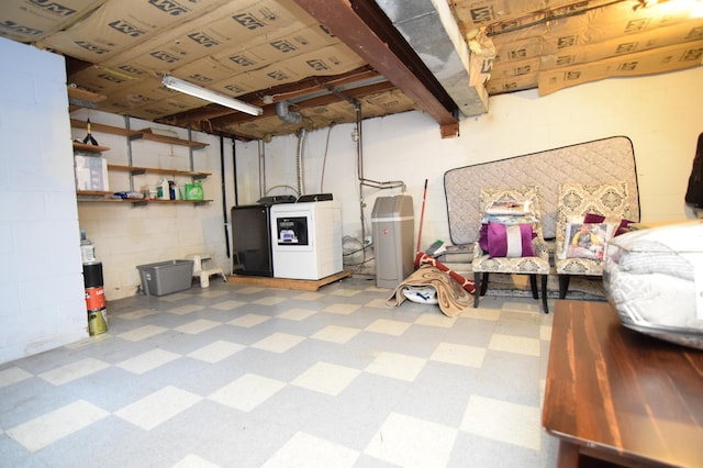 5634 142nd St W, Apple Valley, MN 55124 - unfinished basement featuring tile patterned floors, concrete block wall, and washing machine and dryer