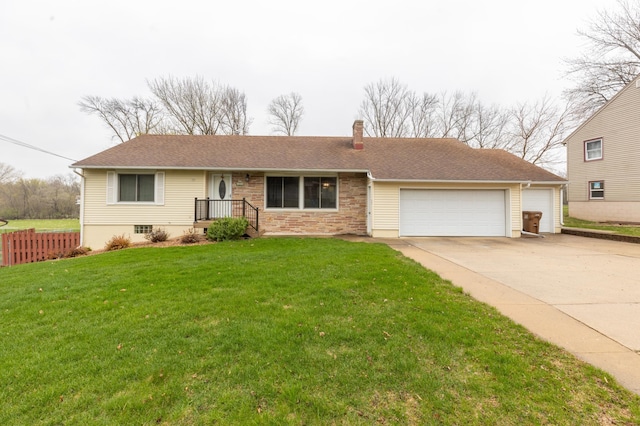 single story home with fence, roof with shingles, an attached garage, a front lawn, and a chimney