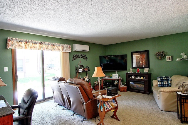222 Sargent Dr Unit 102, Red Wing, MN 55066 - living area with a glass covered fireplace, an AC wall unit, a textured ceiling, and light colored carpet