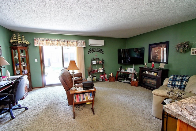 222 Sargent Dr Unit 102, Red Wing, MN 55066 - living area featuring a glass covered fireplace, light carpet, an AC wall unit, and a textured ceiling