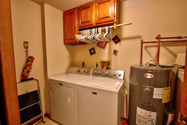222 Sargent Dr Unit 102, Red Wing, MN 55066 - laundry area featuring cabinet space, a textured ceiling, water heater, and washing machine and clothes dryer