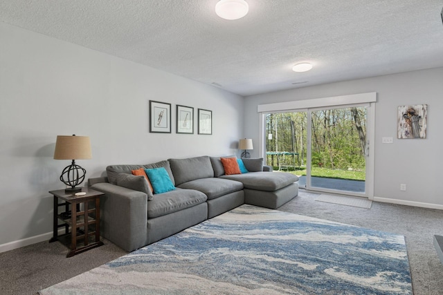 carpeted living area featuring baseboards and a textured ceiling