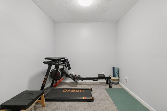 workout area with a textured ceiling, carpet floors, and baseboards