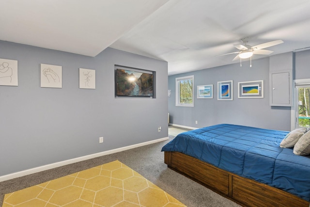 bedroom with baseboards, carpet flooring, and a ceiling fan