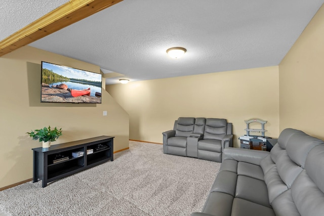carpeted living room featuring a textured ceiling and baseboards