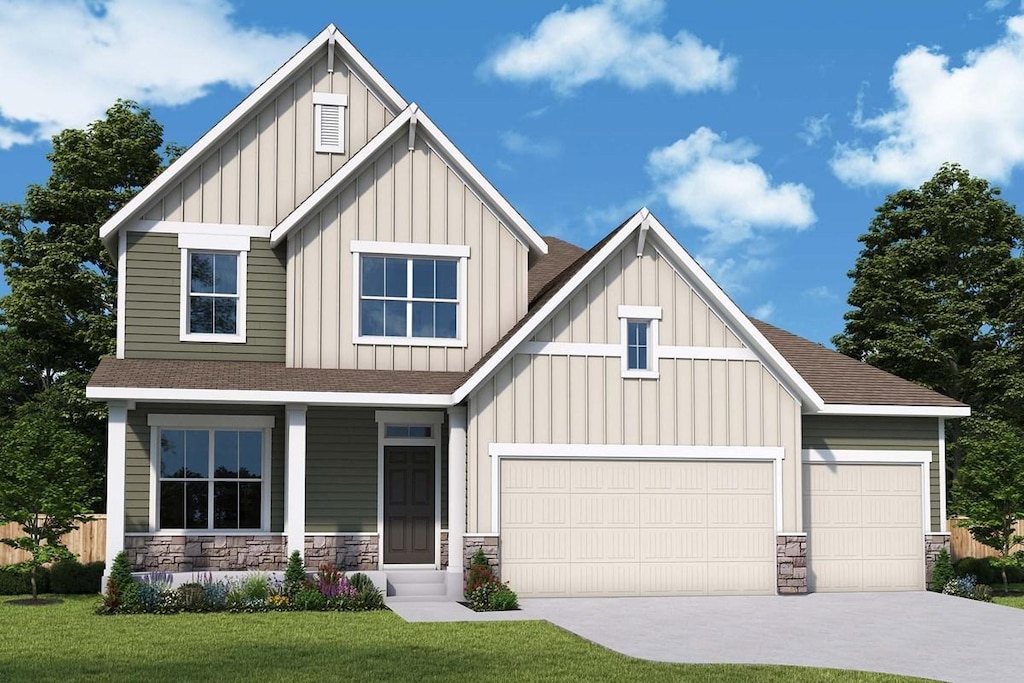 craftsman house featuring a shingled roof, board and batten siding, and stone siding