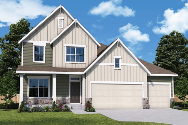 craftsman house featuring a shingled roof, board and batten siding, and stone siding