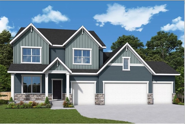 craftsman inspired home with board and batten siding, a front yard, driveway, and stone siding