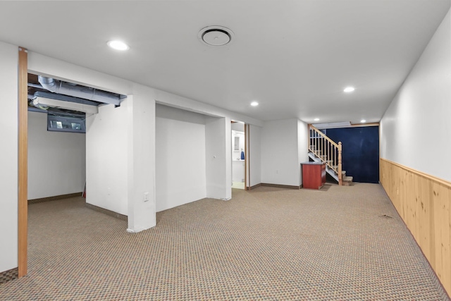 1791 Lois Dr, Shoreview, MN 55126 - finished basement featuring carpet flooring, stairs, recessed lighting, a wainscoted wall, and wooden walls