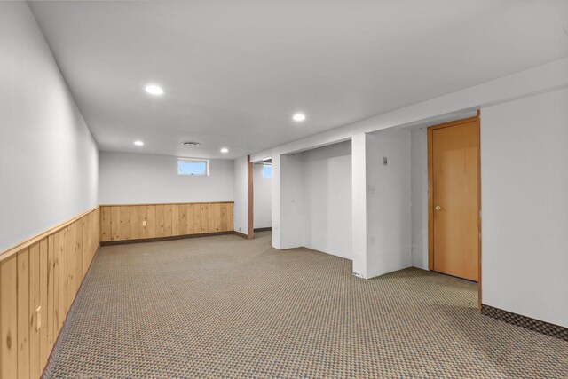 1791 Lois Dr, Shoreview, MN 55126 - basement featuring wood walls, light colored carpet, a wainscoted wall, and recessed lighting