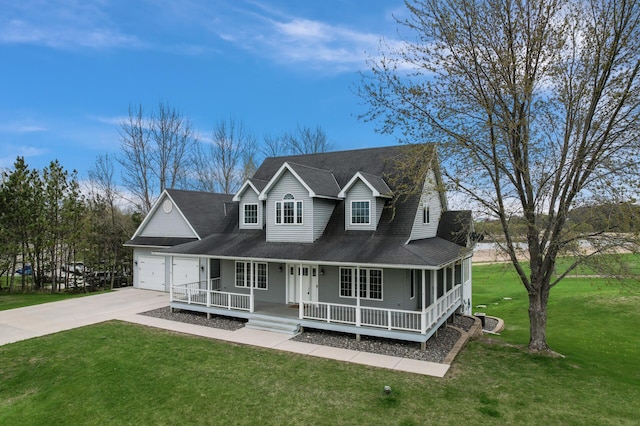 view of front facade featuring a porch, driveway, a front lawn, an attached garage, and a shingled roof