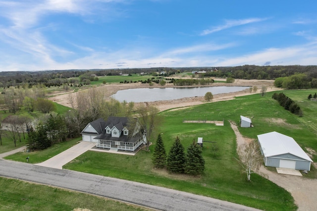 drone / aerial view featuring a water view