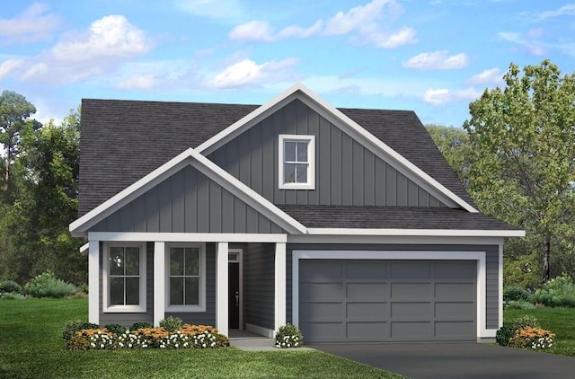 view of front facade with a shingled roof, an attached garage, board and batten siding, a front yard, and driveway