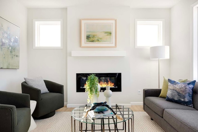 living room with a glass covered fireplace, plenty of natural light, and light wood-style floors