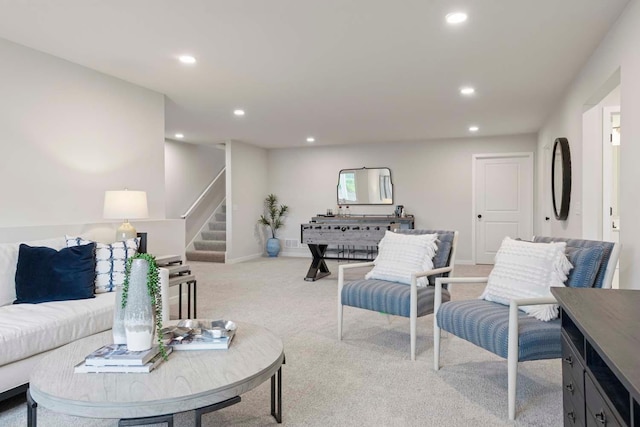 12439 Drayton Trl, Apple Valley, MN 55124 - carpeted living area featuring stairway and recessed lighting