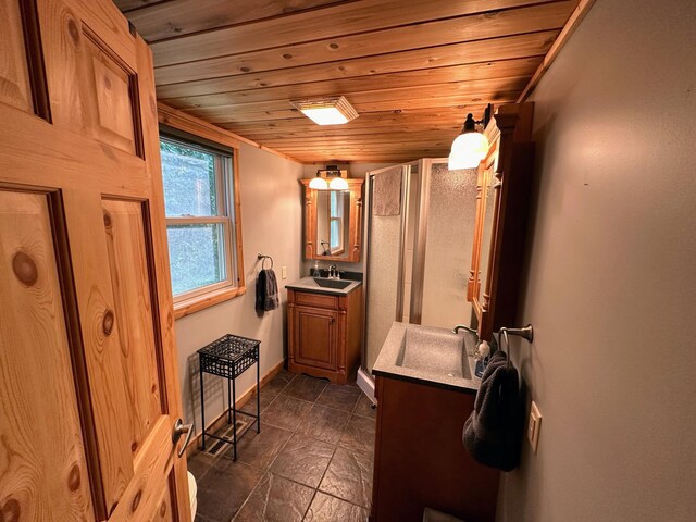 bathroom with vanity, a stall shower, and wooden ceiling