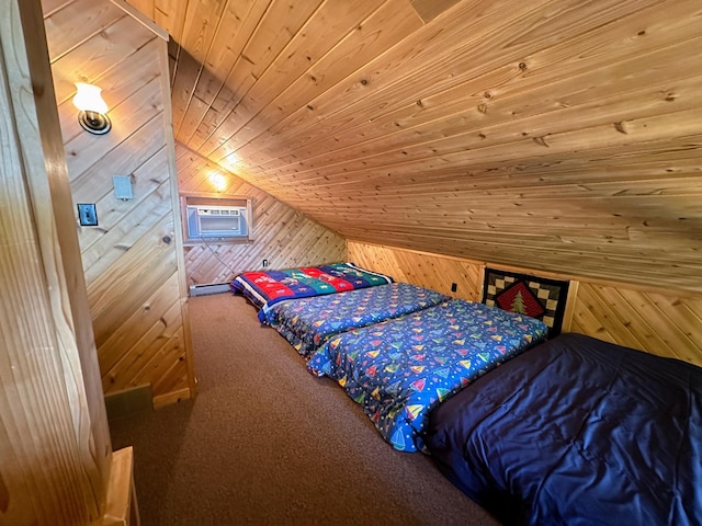 carpeted bedroom featuring wooden ceiling, a wall mounted AC, vaulted ceiling, and wood walls