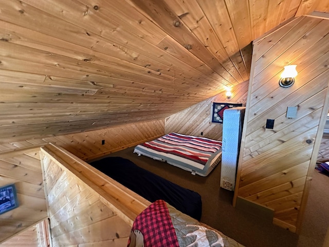interior space featuring wood ceiling and wood walls