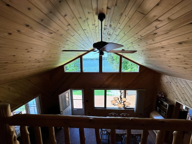 details featuring wood ceiling, ceiling fan with notable chandelier, and wood walls