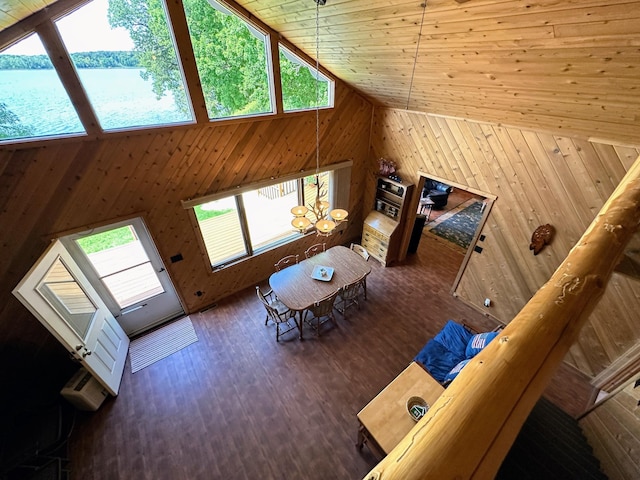 living area featuring wooden walls, wood finished floors, vaulted ceiling, and wooden ceiling