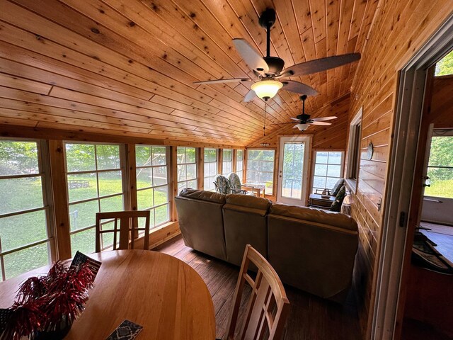 36018 504th St, Hobart Twp, MN 56544 - living room featuring wooden ceiling, vaulted ceiling, ceiling fan, hardwood / wood-style flooring, and healthy amount of natural light