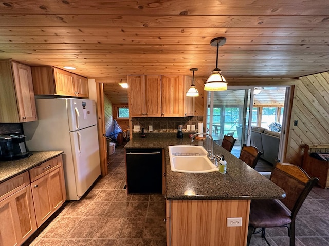 36018 504th St, Hobart Twp, MN 56544 - kitchen featuring dishwasher, a sink, a peninsula, wood ceiling, and a kitchen bar