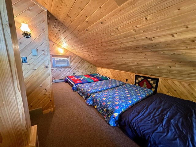 36018 504th St, Hobart Twp, MN 56544 - bedroom featuring wooden walls, carpet, lofted ceiling, wooden ceiling, and a wall mounted AC