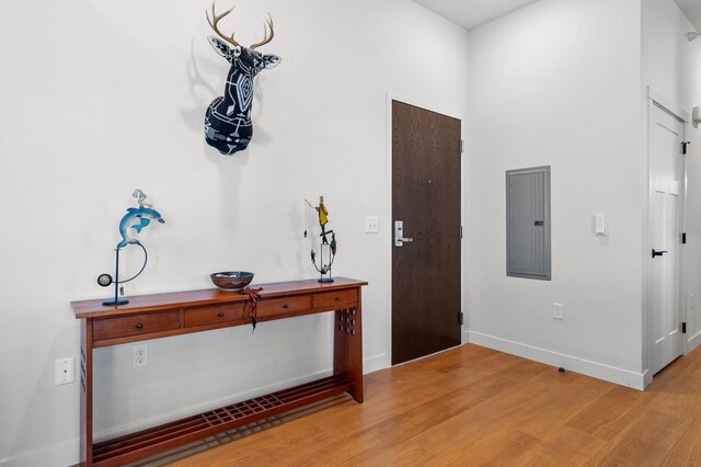 entryway featuring electric panel, light wood-style floors, and baseboards