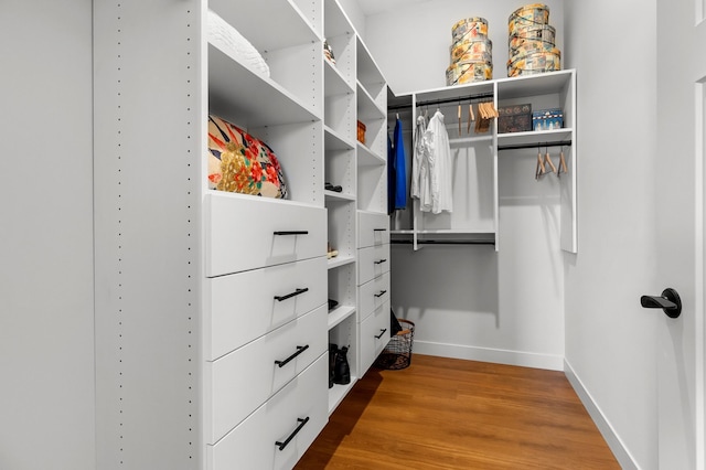 walk in closet with wood finished floors