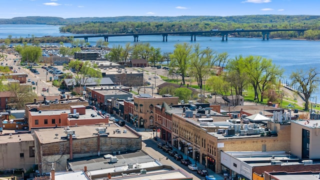 aerial view of a nearby body of water and a notable bridge