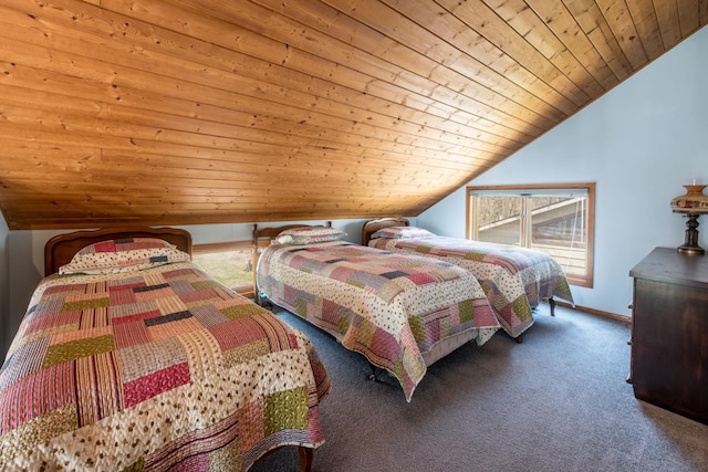 1844 Mount Carmel Dr NE, Alexandria, MN 56308 - bedroom with baseboards, carpet floors, wooden ceiling, and vaulted ceiling