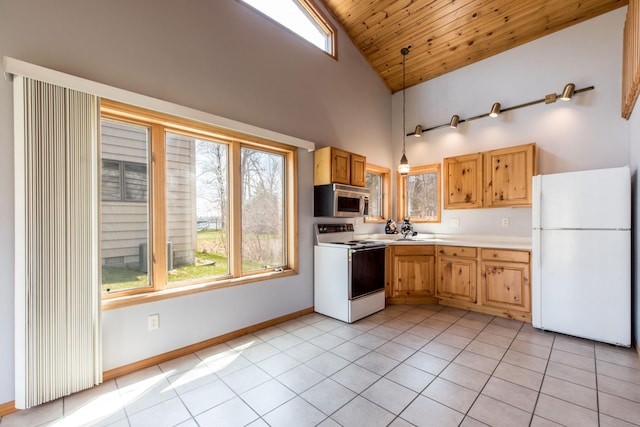 1844 Mount Carmel Dr NE, Alexandria, MN 56308 - kitchen featuring light tile patterned floors, wood ceiling, high vaulted ceiling, white appliances, and light countertops