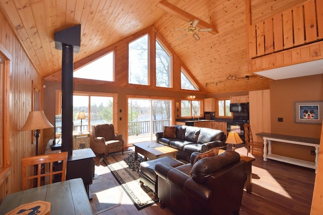 3585 Rigby Rd, Webster, WI 54893 - living room with ceiling fan, wooden ceiling, and high vaulted ceiling