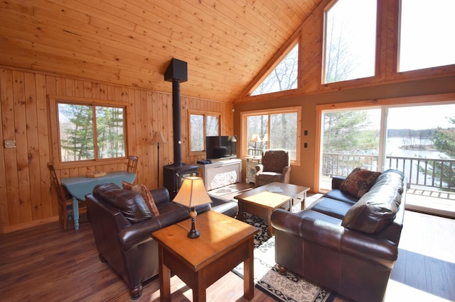 3585 Rigby Rd, Webster, WI 54893 - living room with plenty of natural light, a wood stove, wood finished floors, and wooden walls