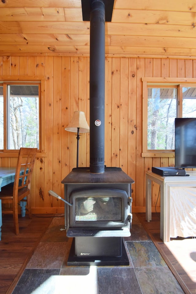 3585 Rigby Rd, Webster, WI 54893 - room details featuring wooden walls, wood ceiling, and a wood stove