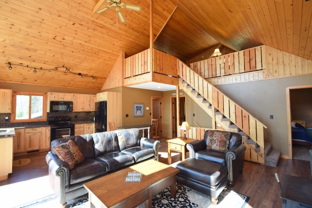 3585 Rigby Rd, Webster, WI 54893 - living room with stairs, high vaulted ceiling, wood ceiling, and dark wood-type flooring