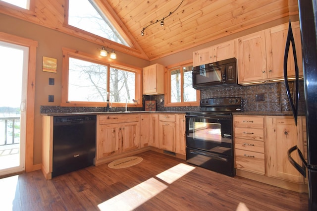 3585 Rigby Rd, Webster, WI 54893 - kitchen with light brown cabinetry, dark countertops, lofted ceiling, and black appliances