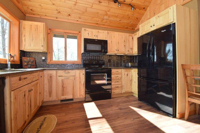 3585 Rigby Rd, Webster, WI 54893 - kitchen with light brown cabinetry, plenty of natural light, lofted ceiling, wood ceiling, and black appliances
