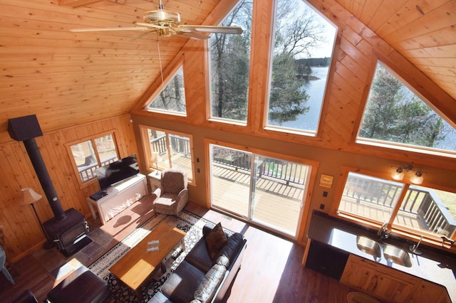 3585 Rigby Rd, Webster, WI 54893 - living area featuring high vaulted ceiling, a wood stove, wood ceiling, and wood walls