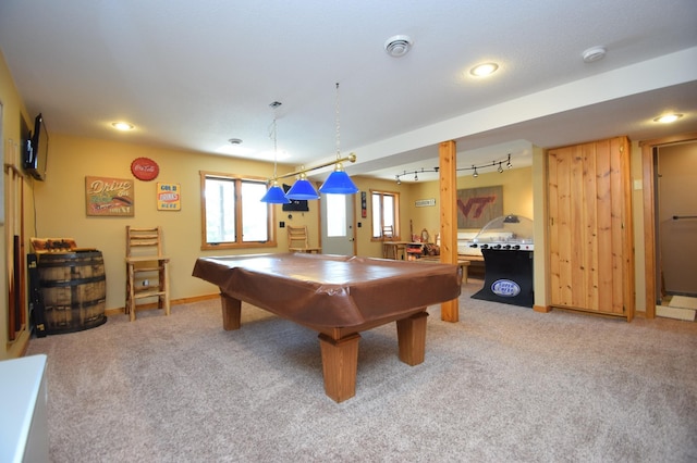 3585 Rigby Rd, Webster, WI 54893 - recreation room with recessed lighting, pool table, light colored carpet, and track lighting