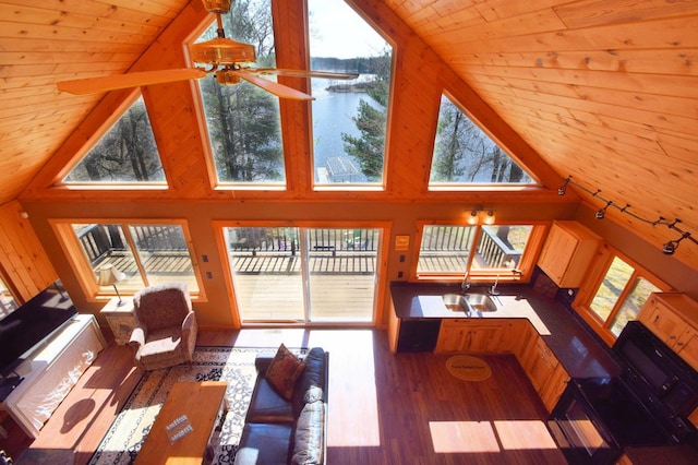 3585 Rigby Rd, Webster, WI 54893 - living area with plenty of natural light, a water view, wood finished floors, and high vaulted ceiling