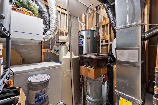 utility room featuring heating unit and water heater