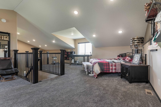 bedroom featuring visible vents, carpet flooring, recessed lighting, and lofted ceiling
