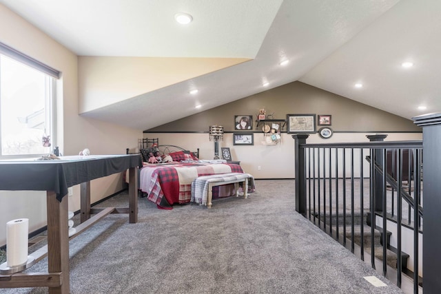 bedroom with recessed lighting, vaulted ceiling, and carpet