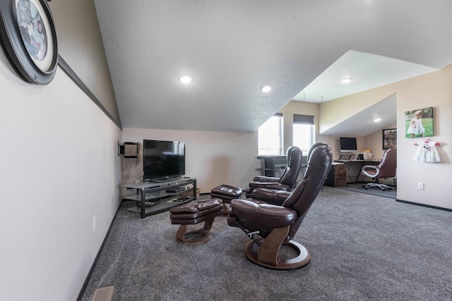 living room featuring carpet, recessed lighting, and visible vents