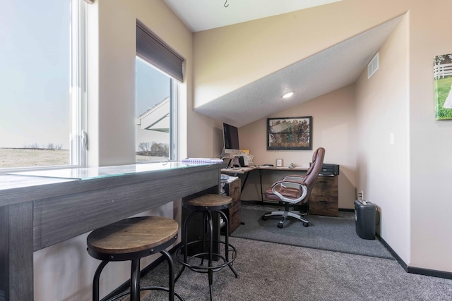 carpeted office space with visible vents, a healthy amount of sunlight, and vaulted ceiling