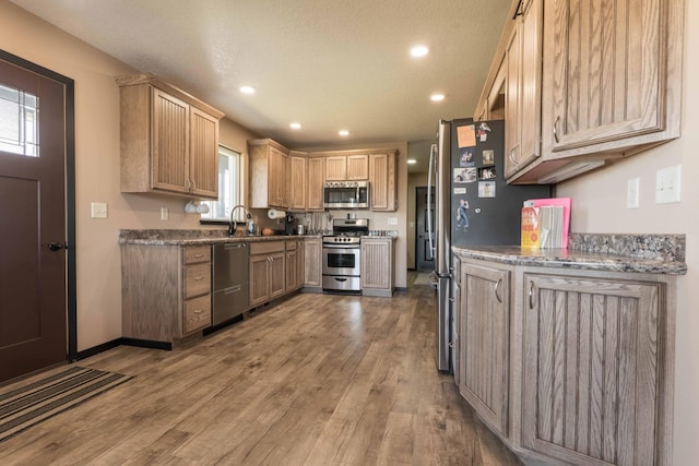 kitchen featuring recessed lighting, appliances with stainless steel finishes, wood finished floors, and light brown cabinetry