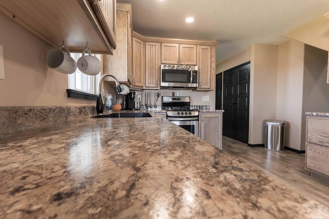 kitchen featuring a sink, dark stone countertops, stainless steel appliances, recessed lighting, and wood finished floors