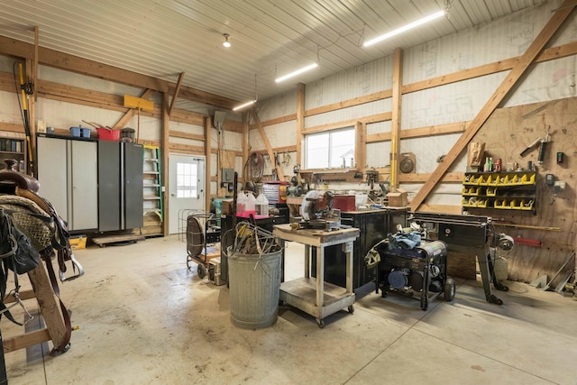 garage with a workshop area